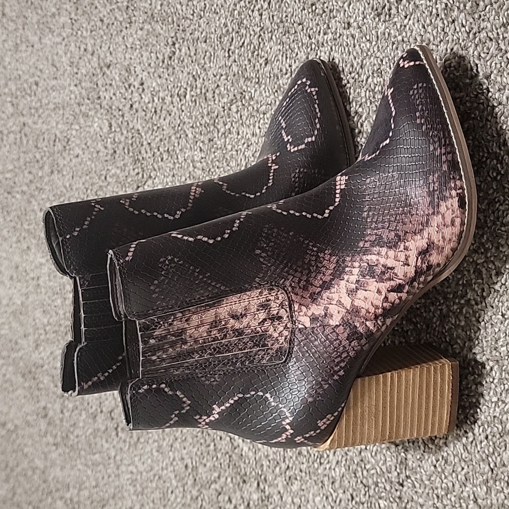 Snake print heeled booties